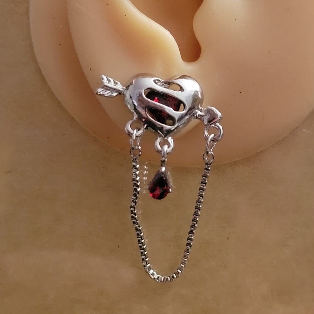Heart & arrow crystal chain earring, red crystal caged in silver heart